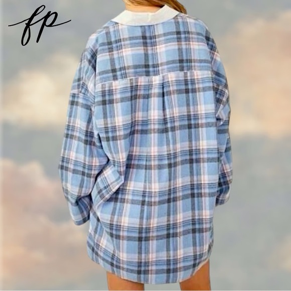 FP Sunday morning, sleep shirt, light blue flannel pop over polo collared top S - Picture 15 of 15